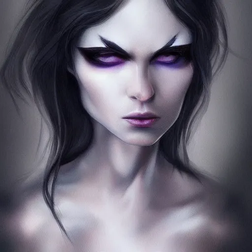 Image similar to hyperrealistic portrait of a beatiful demoness, blank eyes!!!, artstation