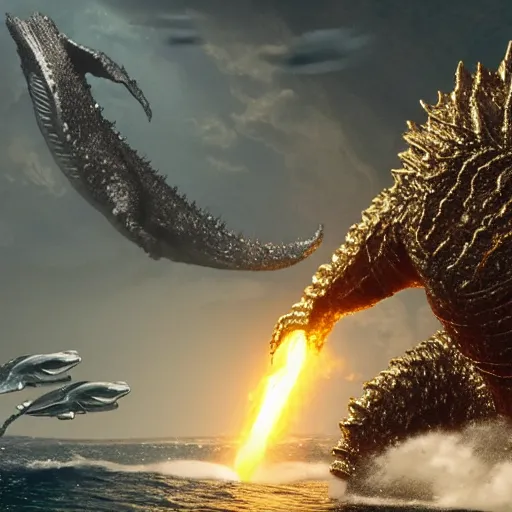 Image similar to whale in gold and silver armor fighting in the depths against godzilla, who has six arms and 5 0 legs