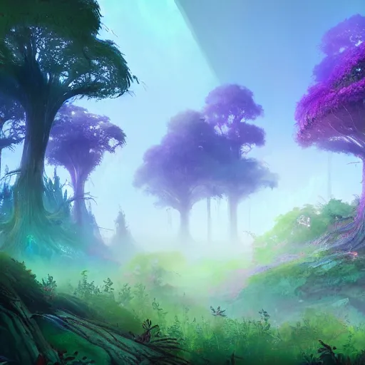 Image similar to concept art painting of a mystical alien fantasy forest, with fog and strange colorful plants, realistic, detailed, cel shaded, magenta and blue and green, in the style of makoto shinkai and greg rutkowski and james gurney