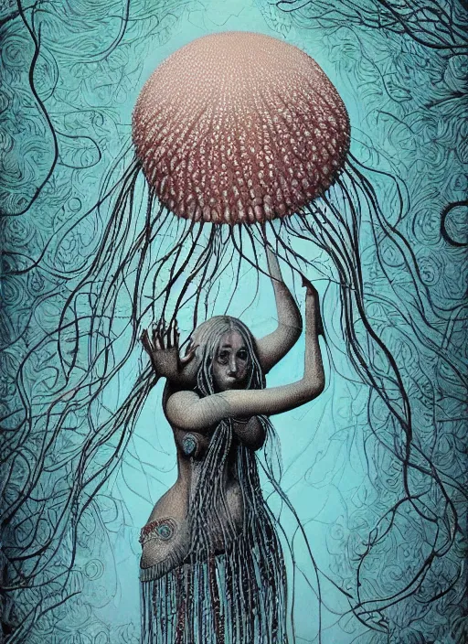 Image similar to Jellyfish goddess painting by Dan Hillier, trending on artstation, artstationHD, artstationHQ, 4k, 8k