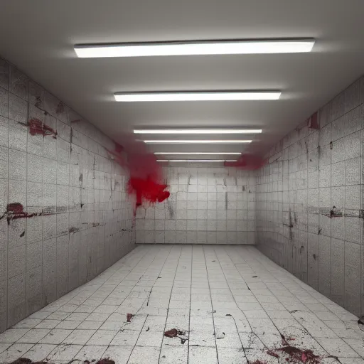 Image similar to public men's restroom with a limitless rows of urinals, dim lighting, scary, blood splattered on floor, photorealistic, 8 k, 1 5 0 mp,