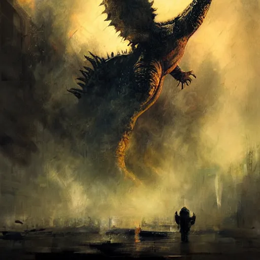 Image similar to godzilla vs mothra by jeremy mann