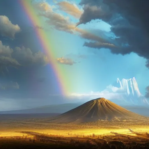 Prompt: a detailed matte painting of noah's ark, double rainbow in a clear blue sky, mount ararat far away in the background, art by artgerm and greg rutkowski and alphonse muchan, cosmic, heavenly, god rays, intricate detail, cinematic, 8 k, cel shaded, unreal engine, featured on artstation, pixiv