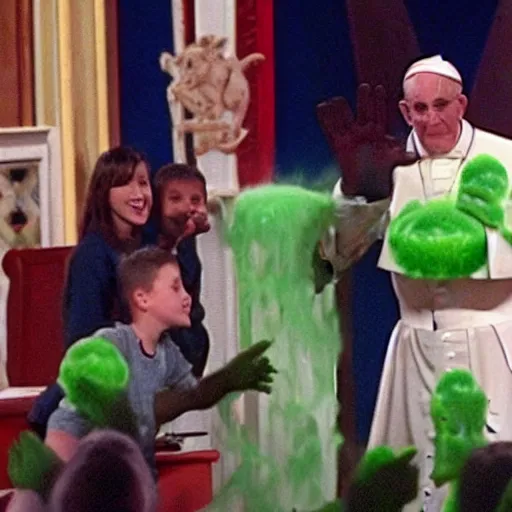 Prompt: The pope getting slimed on Nickelodeon