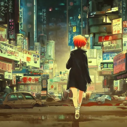 Image similar to incredible wide screenshot, ultrawide, simple watercolor, rough paper texture, ghost in the shell movie scene, backlit distant shot of girl in a parka running from a giant robot invasion side view, yellow parasol in deserted dusty shinjuku junk town, broken vending machines, bold graphic graffiti, old pawn shop, bright sun bleached ground, mud, fog, dust, windy, scary robot monster lurks in the background, ghost mask, teeth, animatronic, black smoke, pale beige sky, junk tv, texture, brown mud, dust, tangled overhead wires, telephone pole, dusty, dry, pencil marks, genius party,shinjuku, koji morimoto, katsuya terada, masamune shirow, tatsuyuki tanaka hd, 4k, remaster, dynamic camera angle, deep 3 point perspective, fish eye, dynamic scene