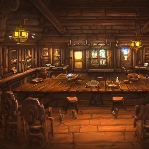 Prompt: empty hearthstone tavern, fantasy, warm, digital art, 3d, night time