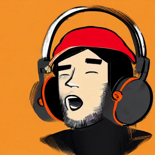 Prompt: streamer on twitch with black hat, stubble, ginger hair, orange hair, black cap, stubbles, red headphones, in the style of tatsuro kiuchi, art, abstract