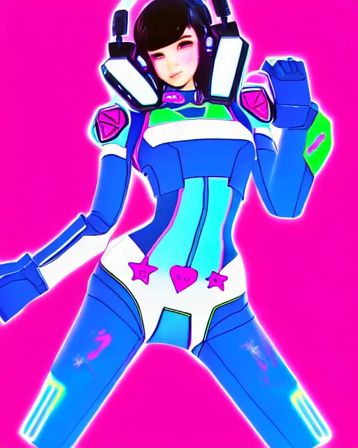 Image similar to chromatic aberration, drawing of d. va from overwatch, retro, vintage, cool, unique, interesting, original, vhs quality, adult swim, graphic