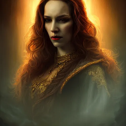 Image similar to majestic gracious regal aristocratic female vampire portrait, atmospheric lighting, painted, ravenous, tempestuous, menacing, intricate, volumetric lighting, beautiful, rich deep colours masterpiece, golden hour, sharp focus, ultra detailed, by leesha hannigan, ross tran, thierry doizon, kai carpenter, ignacio fernandez rios