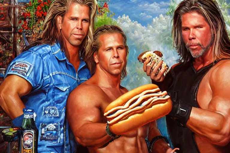 Image similar to portrait of wwf shawn michaels and wcw kevin nash sharing hotdogs, an oil painting by ross tran and thomas kincade