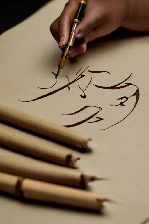 Image similar to Diwani calligrapher shy woman with brown hair in beige hoodie writing on magical paper bamboo pen sparks of it fantasy