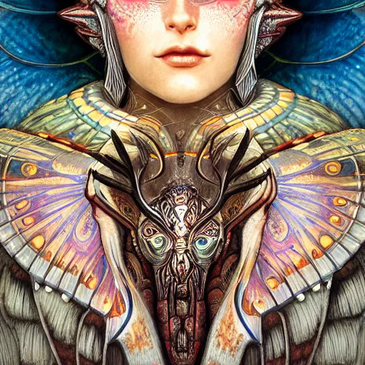 Image similar to beautiful closeup portrait of an art deco shaman, glowing eyes. reflective detailed textures, moth wings, highly detailed dark fantasy science fiction painting by tom bagshaw and michael whelan and diego rivera and annie swynnerton and jean delville, elaborate geometric ornament, ancient runes, silver and cool colors. artstation