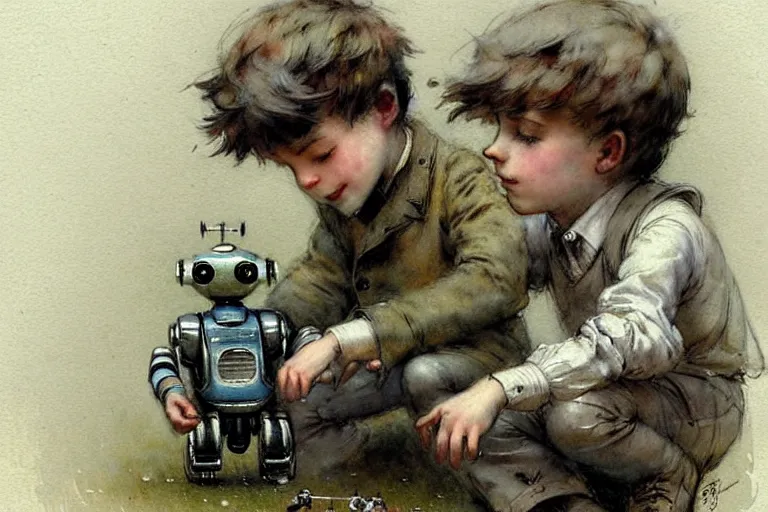 Image similar to ( ( ( ( ( 1 9 5 0 s boy and his small pet robot. muted colors. ) ) ) ) ) by jean - baptiste monge!!!!!!!!!!!!!!!!!!!!!!!!!!!