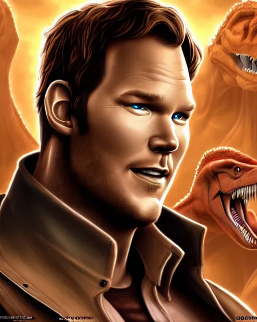 Prompt: chris pratt character portrait, by don bluth, sci - fi environment, highly detailed, dinosaurs, dynamic shadows, 4 k, wallpaper - 1 0 2 4