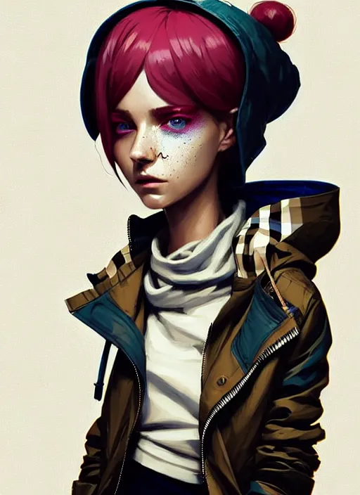 Image similar to highly detailed portrait of a sewer punk lady student, blue eyes, burberry hoodie, white hair by atey ghailan, by greg rutkowski, by greg tocchini, by james gilleard, by joe fenton, by kaethe butcher, gradient gold, black, brown and pink color scheme, grunge aesthetic!!! ( ( graffiti tag wall background ) )