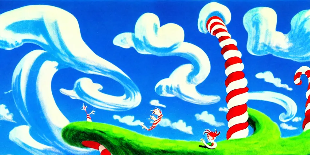 Prompt: cartoon concept art, clean blue sky, spiral clouds, from dr. seuss