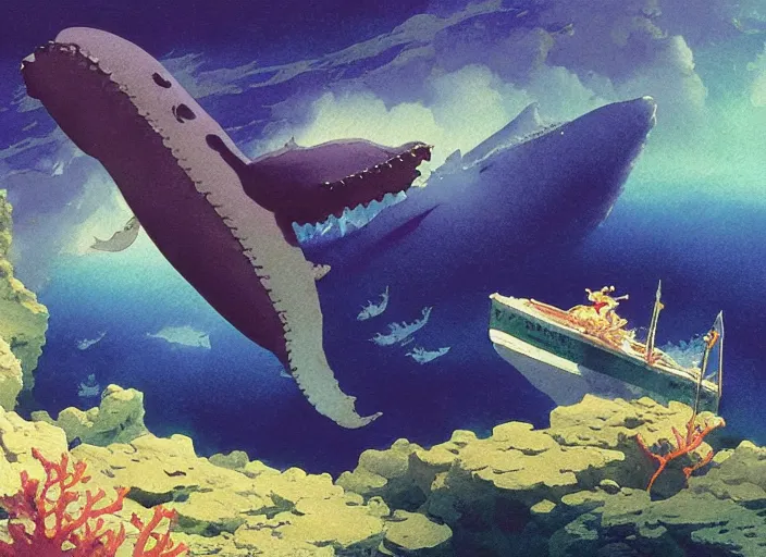 Prompt: vintage anime cinematic robotic whales emerging from lush coral reef cave mountain by Ivan Aivazovsky, watercolor concept art by Syd Mead, by william herbert dunton, watercolor strokes, japanese woodblock, by Jean Giraud