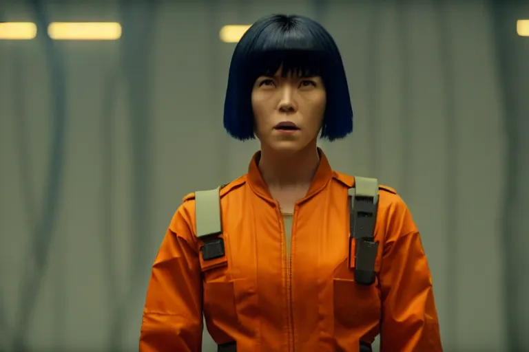 Image similar to major motoko wearing an orange prison jumpsuit, photography by fred palacio medium full shot still from bladerunner 2 0 4 9, sci fi, bladerunner, canon eos r 3, f / 3, iso 2 0 0, 1 / 1 6 0 s, 8 k, raw, unedited