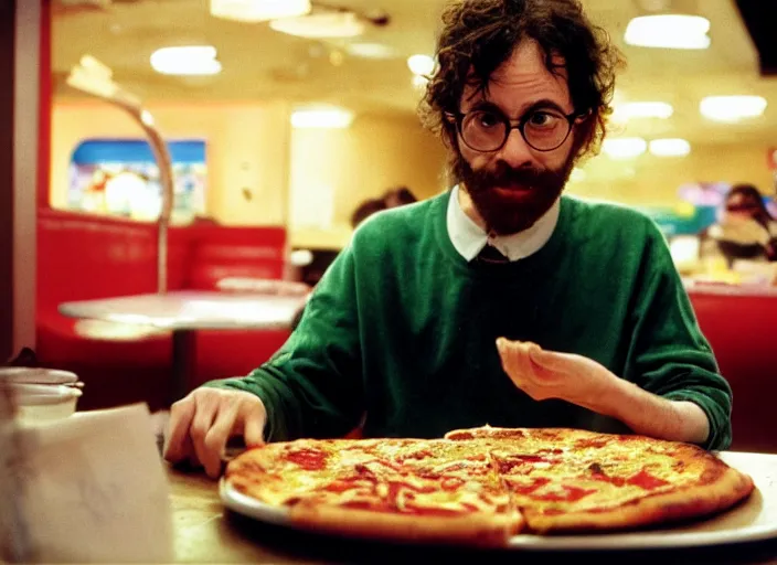 Image similar to portrait of charlie kaufman eating pizza at chuck - e - cheese with sloppy cheesy sauce getting slopped up all over the place, dramatic lighting, moody film still from being john malkovich ( 2 0 0 1 ), 3 5 mm kodak color stock, 2 4 mm lens, directed by spike jonze, ecktochrome