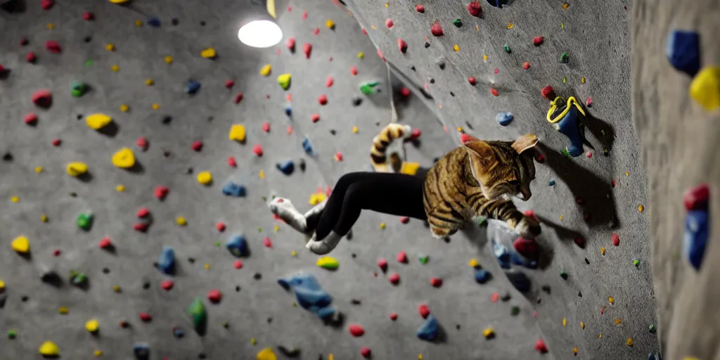 Image similar to an award winning wide photo of, a professional chambionship rock climbing cat, drinking a cup of coffee, and holding onto a rop on an indoor rock climbing wall