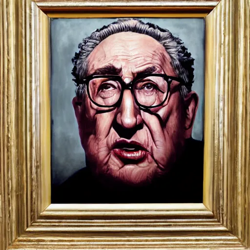 Prompt: a horror portrait of henry kissinger, hyper realistic, octane render, masterpiece portrait painting. dark, moody, ( black oil drips from his mouth and eyes ), abstract brush strokes, inner glow.