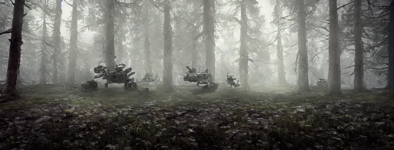 Image similar to dark foggy forest with military robots with volumetric loght searching for hidden human soldiers, postapocalyptic style, high detail, dramatic moment, motion blur, ground fog, dark atmosphere, saturated colors, by darek zabrocki, render in unreal engine - h 7 0 4