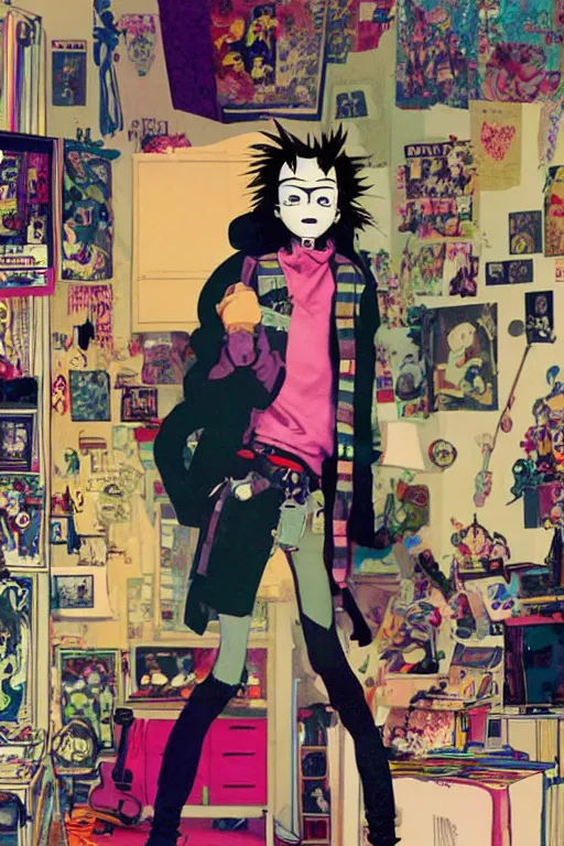 Image similar to a skinny goth guy standing in a cluttered 9 0 s bedroom by jamie hewlett, jamie hewlett art, full body character concept art, vaporwave colors, digital painting, hd, ultra hd, detailed, award winning, small details, artgerm,