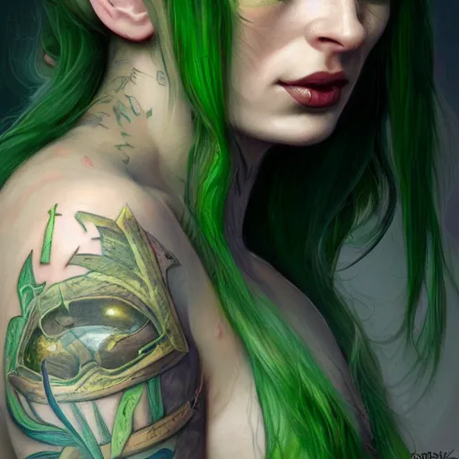 Image similar to closeup portrait shot of green hair tattooed pinup sophie turner, rogue bard, dnd, highly detailed, digital painting, artstation, concept art, soft focus, depth of field, artgerm, tomasz alen kopera, peter mohrbacher, donato giancola, wlop, boris vallejo