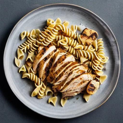 Image similar to an award winning photograph of dish made out of grilled chicken, pasta with creamy sauce, capers, lemons, product presentation, HD