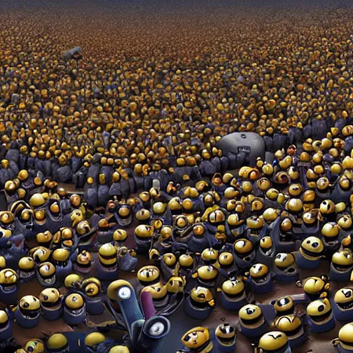 Image similar to POV of one hundred minions chasing you. The minions are carrying torches and pitchforks. The minions are angry. concept art, sharp lighting, 4k, detailed, Peter Jackson, Ridley Scott, bright colors