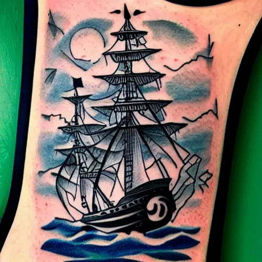 Image similar to a pirate ship sailing in the sea, realism tattoo design with amazing shades by david vega, clean white paper background