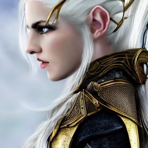Prompt: side portrait of a young female elven warrior, fantasy, white hair, hair blowing in the wind, hyperrealistic, gold armour, white skin, trending on artstation, gsociety, D&D, elegant, highly detailed, realistic eyes, detailed illustration, smooth, sharp focus, upper body, intricate, rule of thirds, holy glow, backlit, rich colour, hd 4k by Greg Rutkowski, Alphonse Mucha, Ayami Kojima, Charlie Bowater, Kentaro Miura, Karol Bak, Artgerm, Loish, Greg Hildebrandt, Norman Rockwell