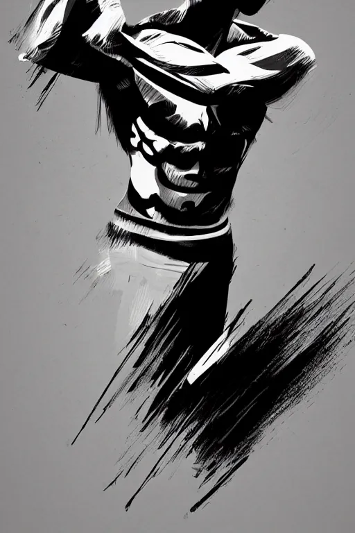 Prompt: minimal thick paint brush strokes of a thin athletic male physique doing pullup, minimalist line art, beautiful, flowing brush strokes, matte paint colors, thought provoking digital art trending on artstation