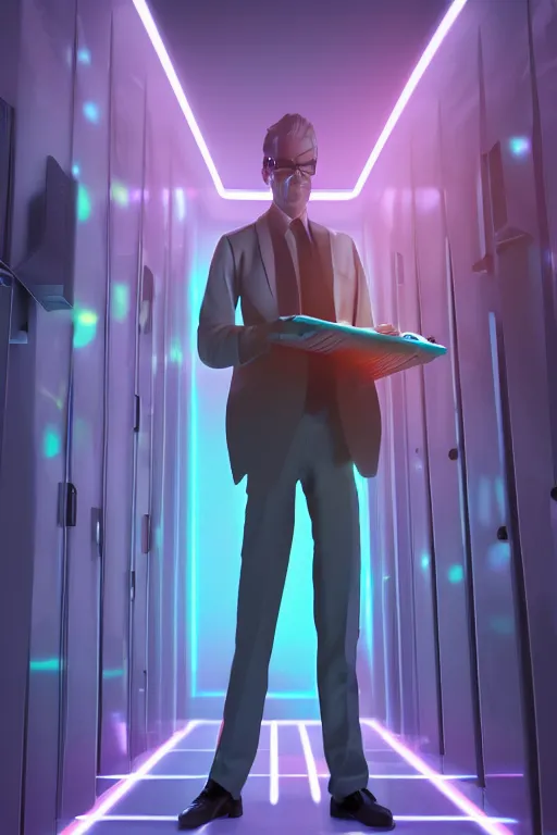 Image similar to futuristic scientist is holding a folder, he is in shock, dark building of server room, neon light, the folder glows and lights up his face, professional lighting, 3 d digital modeling, movie scene, concept art, detailed art,