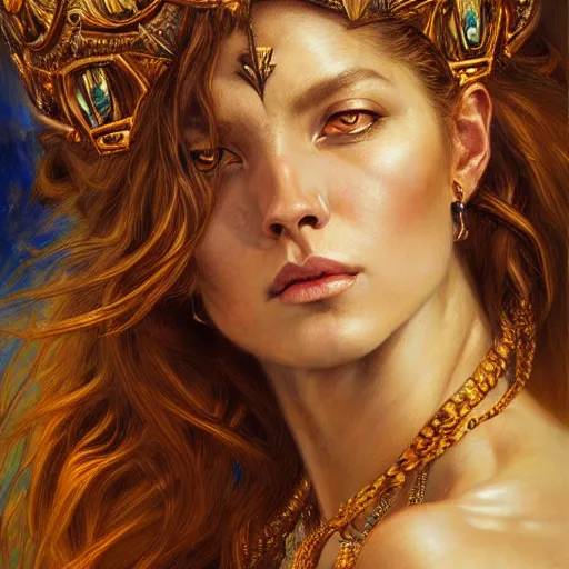 Image similar to highly detailed portrait of a majestic lioness queen in the form of a beautiful woman. d & d. art by eugene delacroix, donato giancola, anna dittmann, arthur adams. trending on artstation, intricate details, energetic composition, golden ratio, concept art, illustration, elegant art, global illuminaition