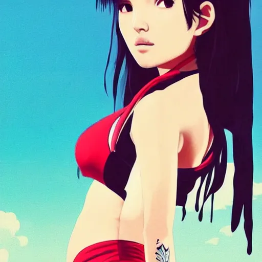 Image similar to a beautiful young japanese natalie portman alluring gravure model, stylized concept art, wearing elegant designer bomber jacket and one piece bikini, bomber jacket with mesoamerican patterns, mesoamerican native street fashion, princess mononoke, painted by ilya kuvshinov aesthetic, gorgeous, stunning, alluring, attractive, artstation, pinterest, digital art