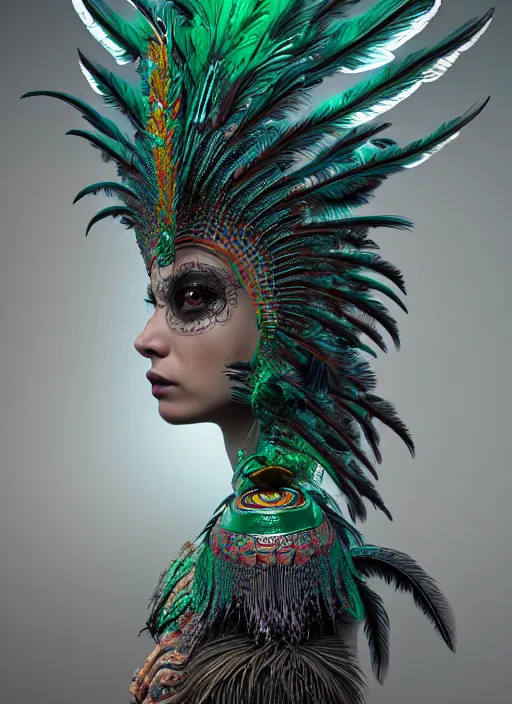 Image similar to 3 d mexican goddess medium shot portrait. beautiful intricate highly detailed quetzalcoatl helm and feathers. low - key lighting, bioluminescent, plasma, lava, ice, water, wind, stingray, magpie, creature, artwork by tooth wu and wlop and beeple and helmut newton, 8 k trending on artstation,