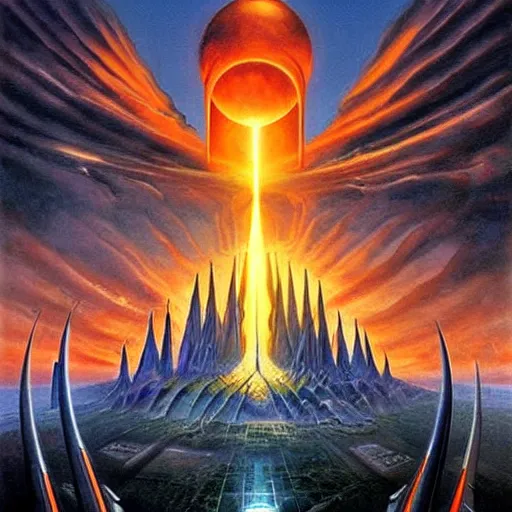 Image similar to barad - dur ( dark fortress ) and the eye of sauron, large scale painting by robert mccall and vladimir kush