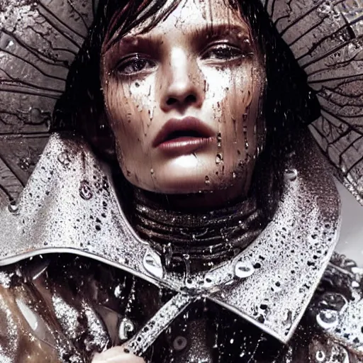 Image similar to close up of face of a wet fashion model in luxury dress, rainy, official dior editorial, highly detailed