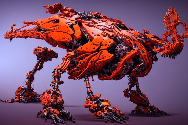 Image similar to a hyper detailed orange fanghorn evangelion realistic mechanical and organic creature similar look as horizon forbidden west horizon zero dawn, bioluminiscence in a dark deep forest at dawn in spring, with reflection and textures, by kilian eng, substance painter reaslitic mech surface metal painted scratches,