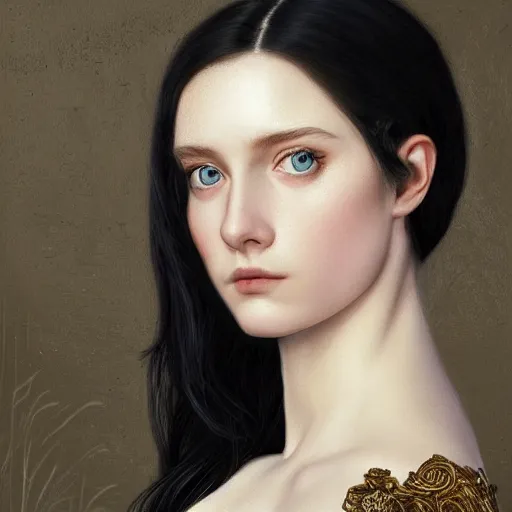 Image similar to full body portrait of a girl with blue eyes, gentle face, long dark hair, intricate detailed goth dress, among ravens, highly detailed, deep focus, elegant, digital painting, smooth, sharp focus, golden ratio, illustration, ultra realistic, 8 k, art by artgerm, artemisia lomi gentileschi and caravaggio