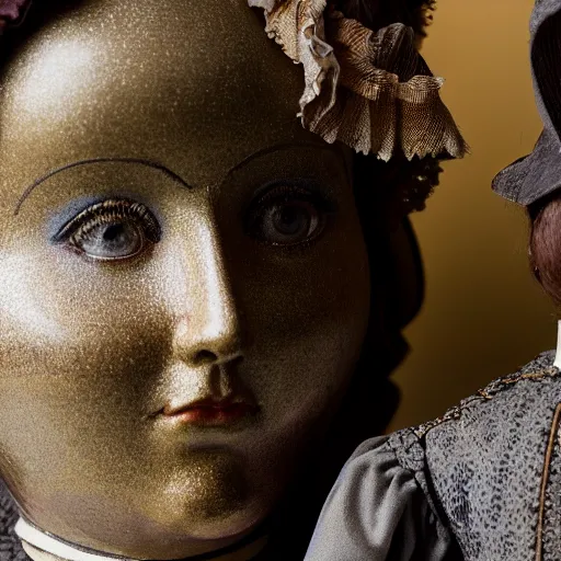 Prompt: close up portrait of a life size victorian female automaton standing with a child, 8 k, soft lighting, highly detailed realistic, face in focus 1 8 9 0's liminal