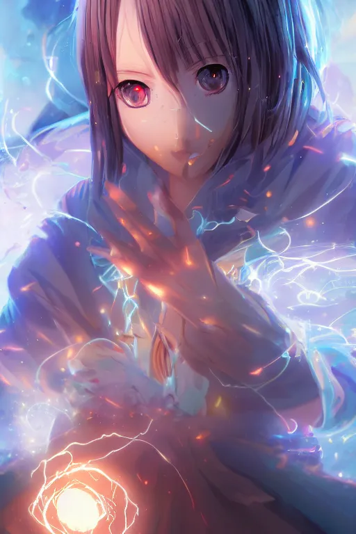 Prompt: an anime girl wizard conjuring a lightening ball, character art portrait, illustrated by wlop, extremely detailed, 8 k, trending on artstation, cinematic lighting, beautiful,