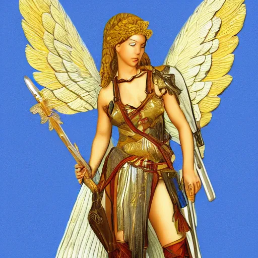 Prompt: full body photo of a female angelic warrior with holy weapons, highly detailed,