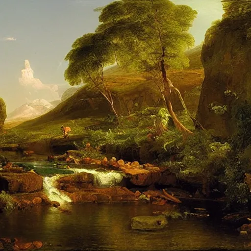 Image similar to The stream is a metaphor for life. It is always moving forward, even though it may meander. An oil painting by Thomas Cole