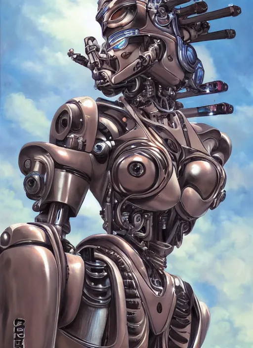 Prompt: An epic fantastic realism graphic novel cover style painting of a beautiful girl, riding on the shoulders, of a robot with four arms, robotics, short pigtails hair, cyberpunk, Concept world Art, ultrarealistic, hyperrealistic, dynamic lighting by Hajime Sorayama