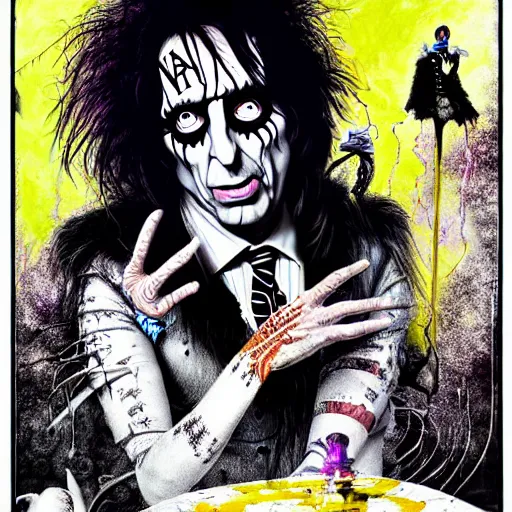 Image similar to graphic illustration, creative design, alice cooper in alice in wonderland, biopunk, francis bacon, highly detailed, hunter s thompson, concept art