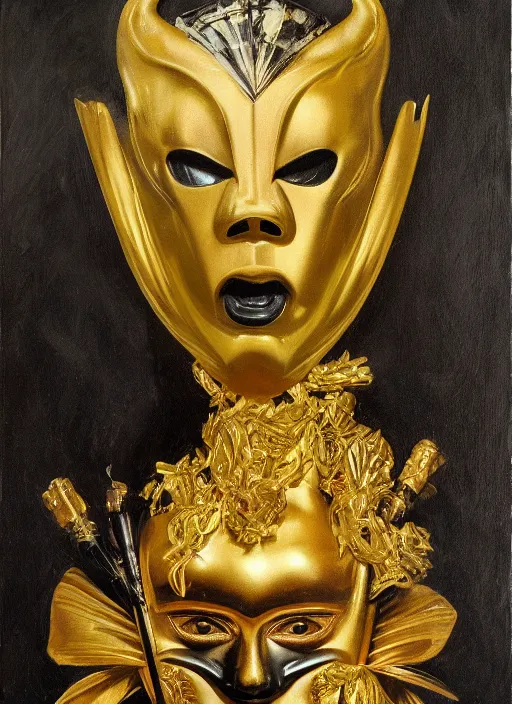 Image similar to highly detailed oil painting | very intricate | cinematic lighting | black, white and gold color scheme, dark background | the tiki mask by alexander mcqueen | by roberto ferri, by gustav moreau, by singer sargent and klimt, american romanticism, occult art | by austin osman spare, artstation, cgsociety, official art, octane