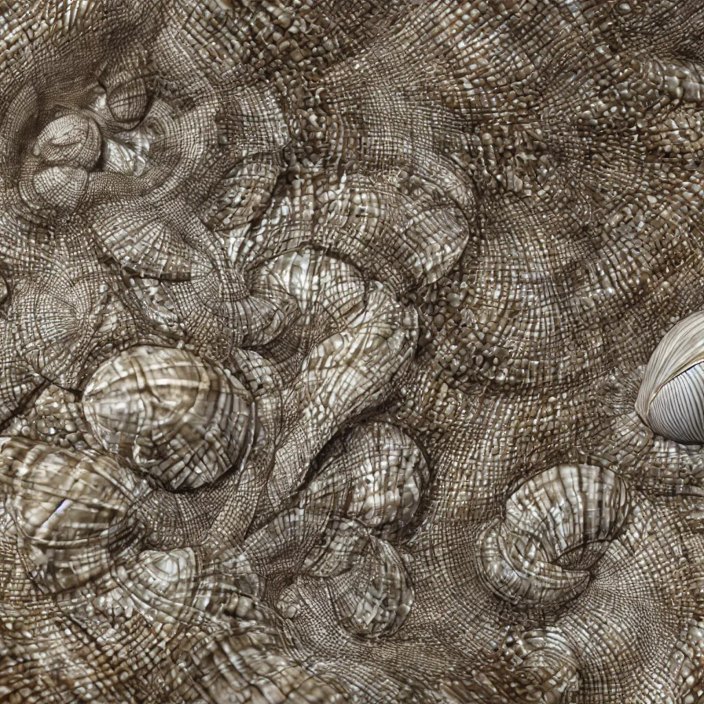 Prompt: geometric complex sea shell by ernst haeckel, modeled in 3 d, closeup, cinema 4 d render, beach sad background, clear focus, very coherent, very detailed