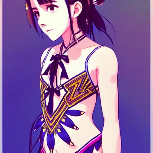 Prompt: a beautiful boyish emma watson alluring instagram model, wearing elaborate japanese hiphop leotard outfit with mayan pattern and native fashion, aztec street fashion bathing suit, jrpg fashion, gapmoe yandere grimdark, trending on pixiv fanbox, painted by greg rutkowski makoto shinkai takashi takeuchi studio ghibli, akihiko yoshida